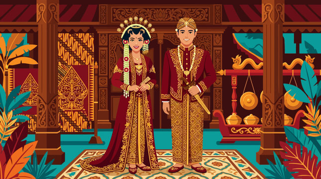 Traditional Javanese couple in red wedding garments.