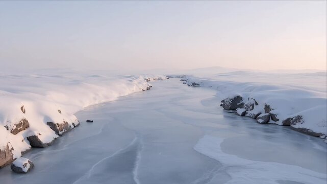 Winter frozen river snow landscape ice cold season nature peaceful serene arctic canyon, tranquil frozen water with soft pastel sky, remote wilderness sunrise background silence