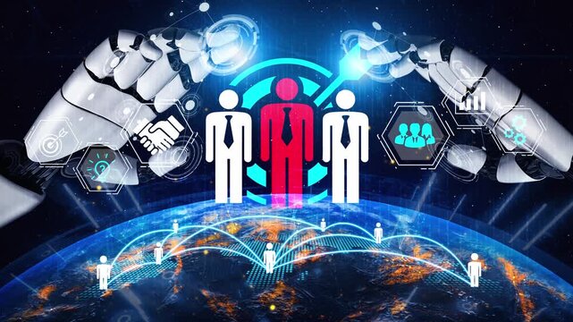 Futuristic concept of human and robot collaboration with virtual icons and global connections depicting artificial intelligence in the workplace Gluon.