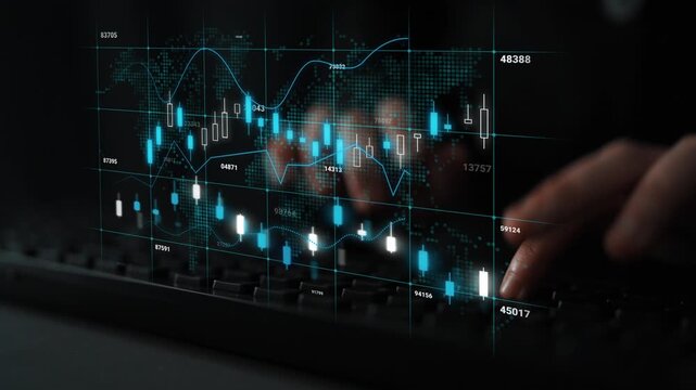Close-Up View of Hands Typing on Keyboard with Digital Stock Market Graphs and Charts in Background for Financial Analysis and Data Monitoring. Entropy.