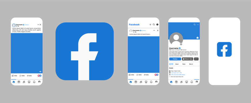 Facebook social media application interface design on a mobile smartphone, showcasing profile and feed layouts, presented as a professional mockup