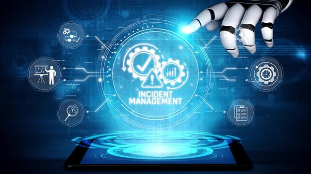 Futuristic Concept of Incident Management with Robotic Hand and Digital Interface Showing Data Analysis and Process Optimization Sigmoid