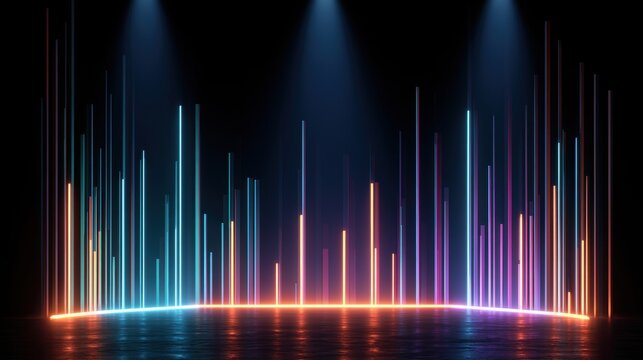 3d technology abstract neon light background, empty space scene, spotlight, dark night, virtual reality, cyber futuristic sci-fi background, street floor studio for mock up. colored geometric