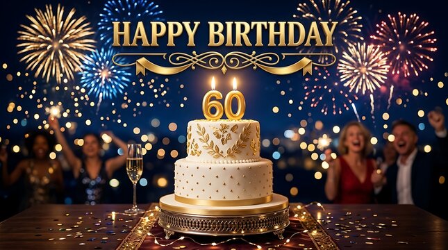 A magnificent tiered birthday cake adorned with glowing golden candles celebrating a milestone 60th anniversary gleams under a sky filled with vibrant exploding fireworks, while joyous revelers