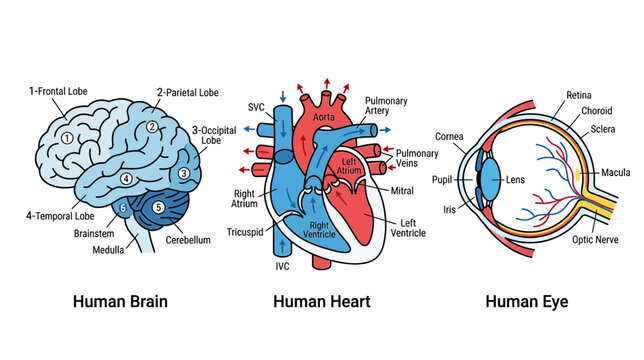 Human Anatomy: Brain, Heart, and Eye Diagrams