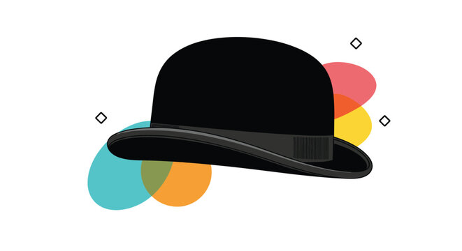 Stylish black bowler hat with a grey ribbon isolated on a background with colorful abstract circles and various geometric shapes.