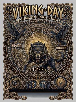 Vintage Viking Day emblem with Fenrir wolf ravens and runic circle