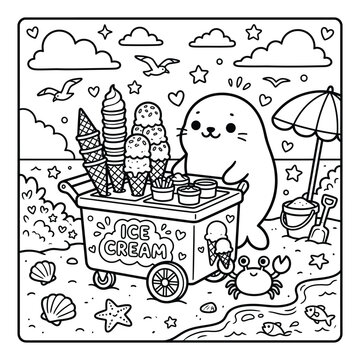 Cute seal ice cream cart coloring page for kids, cartoon marine animal beach vendor vector line art, summer sea coast background outline illustration