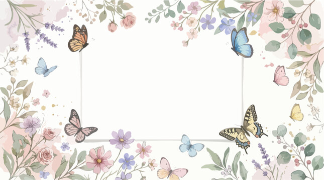 Floral Frame Vector Pattern with Butterflies and Soft Pastel Colors in Organic Vintage Style