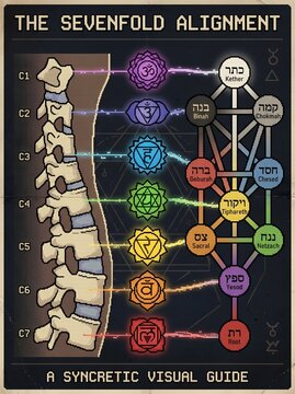 Seven Chakras Aligned with Spine Vertebrae and Kabbalah Tree of Life Sefirot &ndash; Esoteric Syncretic Anatomy Chart Illustration