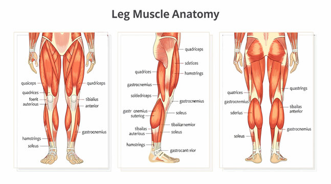 Human Leg Muscle Anatomy Diagrams - Anterior, Posterior, and Side Views