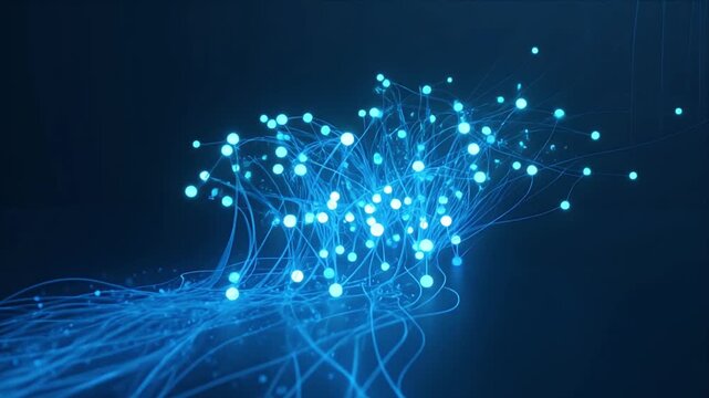 Healthcare technology glowing blue network abstract with digital connection and data flow on dark background for medical innovation, future science, and medicine
