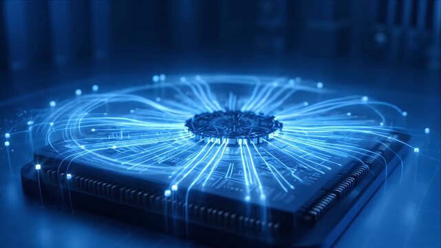 Healthcare Technology Digital Circuit Board with Glowing Data Lines and Futuristic Network Concept Blue Light, Chip Dark Blue Background, Healthcare Data Network with Blue Digital Circuit