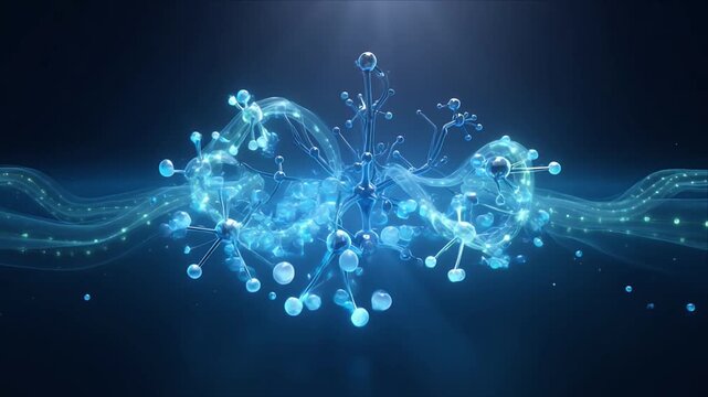 Advanced healthcare technology background with blue network, molecule sphere, abstract science concept, dark blue medical bubble sphere, glowing molecule and flowing wave design for SEO optimized