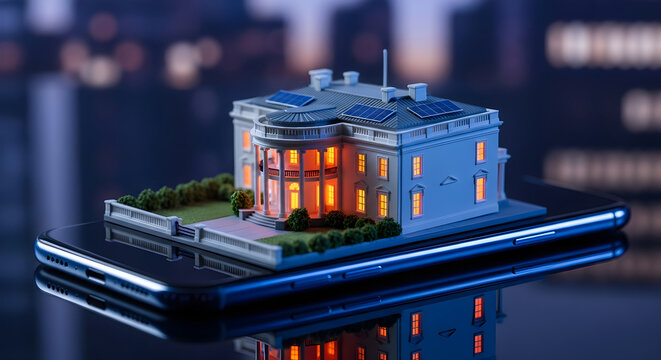 Miniature white house model on a smartphone screen representing smart government