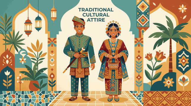 Couple in traditional Malay attire with floral patterns.
