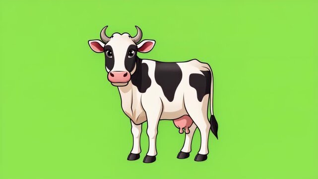 Cartoon Holstein Cow Standing on Bright Green Background