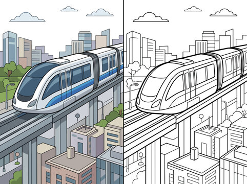 Modern monorail train vector illustration featuring a sleek design moving through a vibrant urban city landscape with bold clean lines
