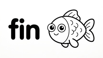 Fototapeta premium A charmingly drawn, happy little fish illustration, presented as a simple line art depiction next to the word 'fin' in bold, sans-serif typography, perfect for educational materials or playful