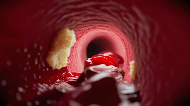 Arteries narrowing close-up in x-ray view from fat buildup, supporting cardiovascular education, plaque diagnosis, heart disease prevention, obesity risk awareness, and healthcare training media.