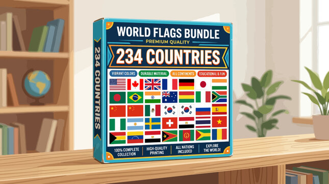 World flags bundle box set displayed on wooden table.