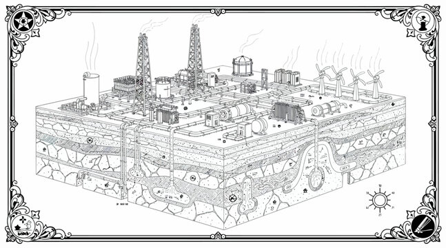 Industrial Cityscape Isometric View: Oil Rigs, Wind Turbines, Factories, Underground Layers