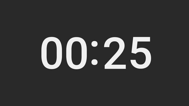 Video animation of a stopwatch with sliding numbers that count down from 30 seconds to zero - 30 second countdown.