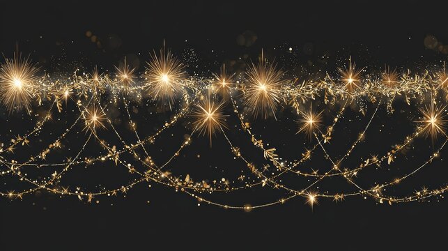 festive winter vector border with shiny garlands, golden starbursts, dust trails, and glowing light effects, delicate and luxurious style