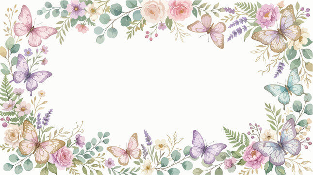 Elegant Floral Vector Border Pattern with Butterflies and Roses in Soft Pastel Colors in Vintage Style