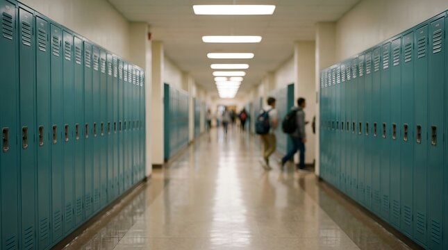 Students walking in a school hallway with teal lockers