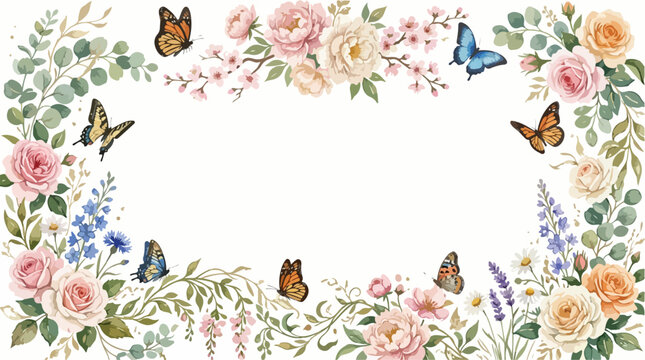 Vector Floral Border with Roses Butterflies and Lavender in Vintage Style for Wedding and Greeting Card Design