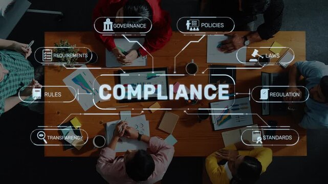 A diverse team engages in a collaborative meeting, discussing compliance strategies, with visual elements representing governance and regulations in a modern office setting. Raster