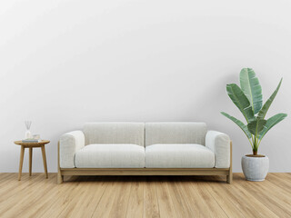 Fototapeta premium Scandinavian Living Room Wall Mockup PNG with Wood Frame Sofa, Transparent Background, Soft Shadows