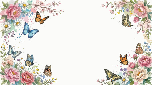 Decorative Floral Vector Border with Butterflies in Watercolor Style Featuring Pink Peonies Daisy Flowers and Soft Pastel Colors