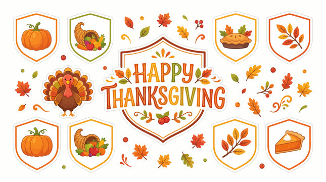 Happy Thanksgiving Day illustration with autumn leaves and food icons