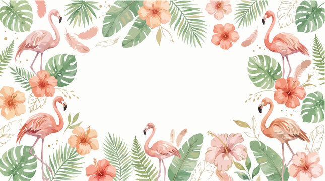 Decorative Vector Border with Flamingos and Tropical Flora in Organic Style