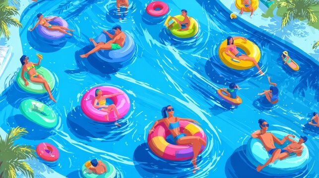 playful vector style showing variety of people doing water activities, from chilling in rubber rings to paddling in pool with pool noodles and float toys
