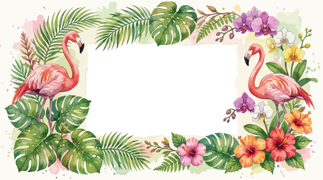 Decorative Floral Vector Frame with Flamingos and Tropical Plants in Vibrant Colors and Modern Style