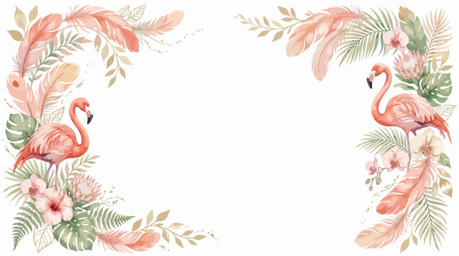 Decorative Floral Vector Border with Flamingos and Tropical Elements in Organic Style