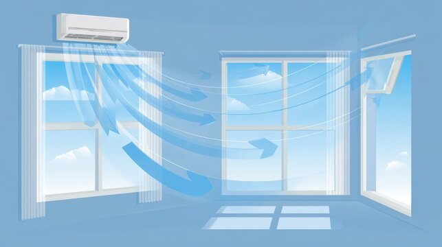 vector diagram of interior home showing cool blue airflow arrows from wall-mounted air conditioner, arrows circulating through room and out open window