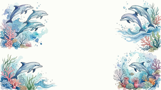 Decorative Vector Pattern with Dolphins and Coral in Watercolor Style with Blue Pink Green Colors