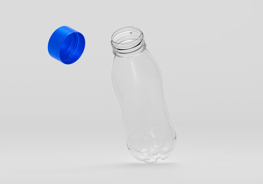 Transparent PET plastic water bottle mockup with floating blue screw cap
