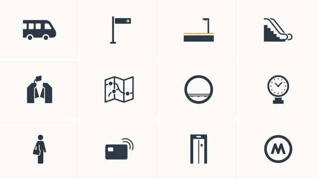 Modern flat icons set featuring public transit navigation with service indicators consistent dark navy blue color scheme neutral light background