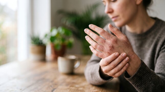 Woman showing dry, cracked skin with eczema or psoriasis symptoms on her hands at home