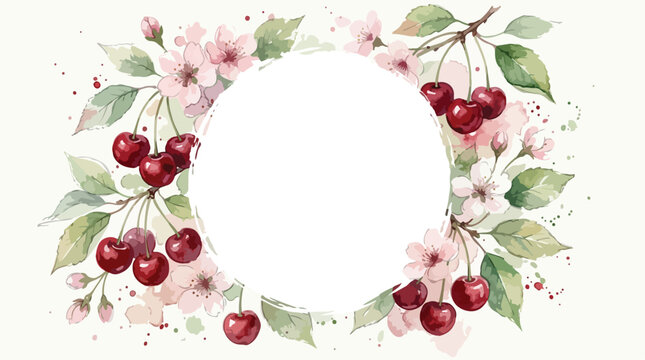 Vector Floral Wreath Pattern with Cherry Blossom and Cherry Elements in Watercolor Style