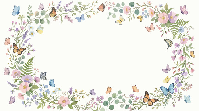 Vintage Floral Vector Border with Butterflies and Foliage in Pastel Colors for Wedding and Spring Design