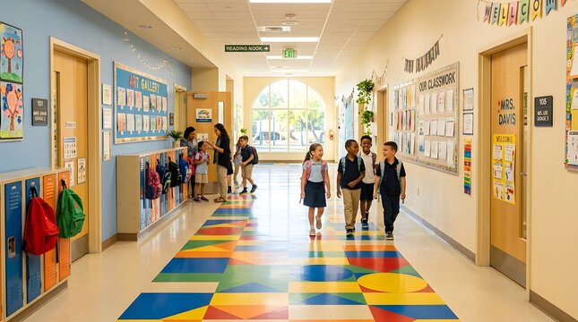 Elementary School Hallway with Happy Students and Teachers