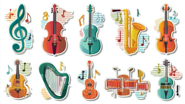 vector sheet of musical instrument icons in vibrant colors, isolated as sticker cutouts, arranged in grid layout with treble clef and soundwave motifs