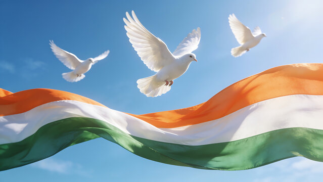 Indian Flag with White Birds Flying.