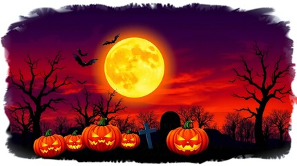 Fototapeta premium A full moon rises over a pumpkin patch on a dark and eerie halloween night